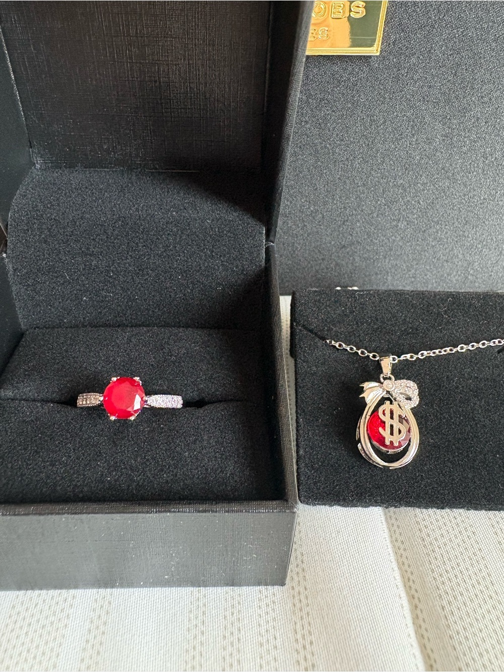 Silvertone Ring with Red Gemstone and Silver Red Necklace Set